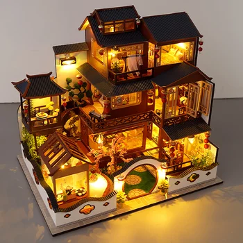 Babaház Kínai Stílusú Építészet inn Épület Villa Ház Kézzel készített Miniatűr elemek DIY Modell Ruha Játékok A Felnőttek Ajándékok