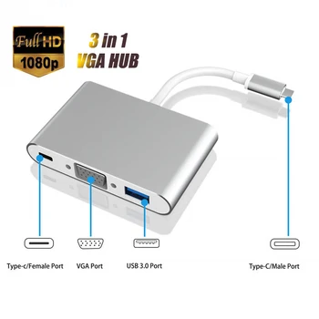 3 in 1 C Típusú USB 3.1 VGA 1080P Full HD Video Hub USB 3.0 Adatok USB-C PD 65W Gyorsan Töltő Adapter Macbook Air Pro Splitter